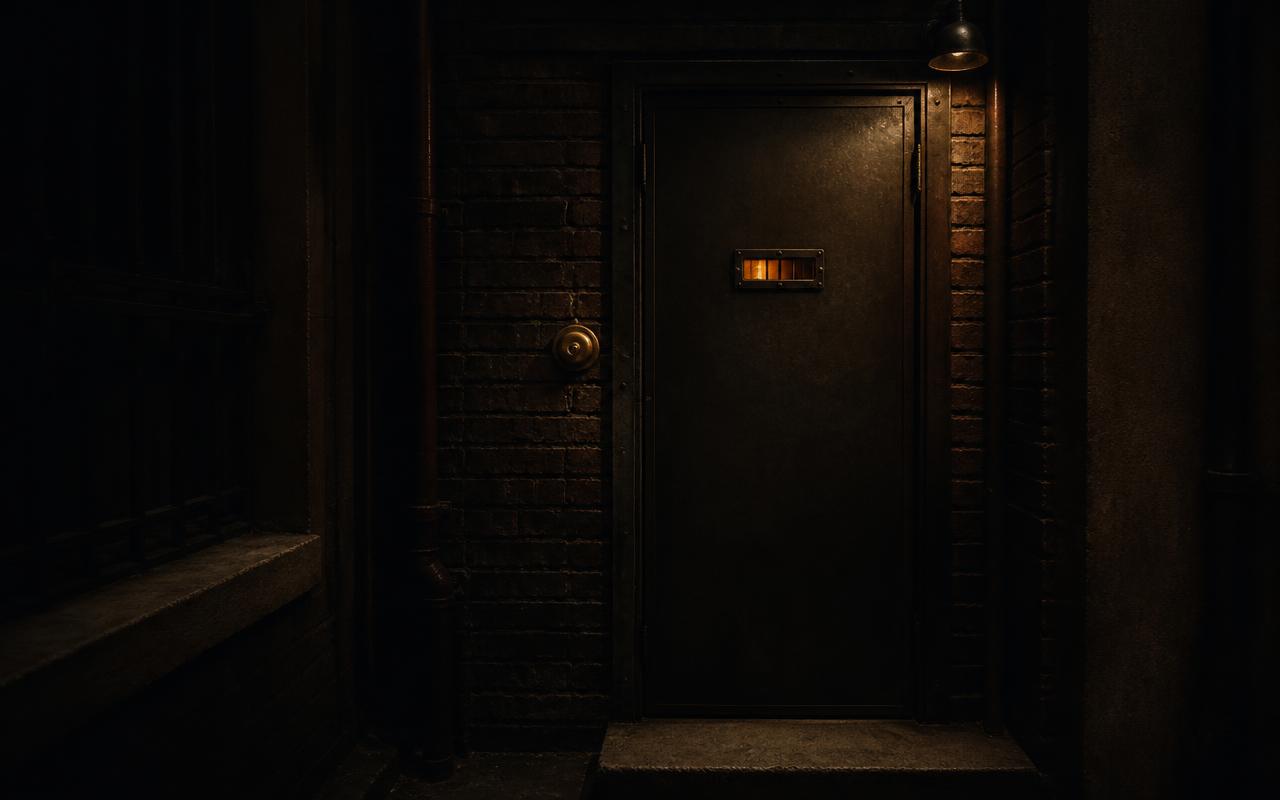 Unmarked steel door with a brass buzzer in a dim alley
