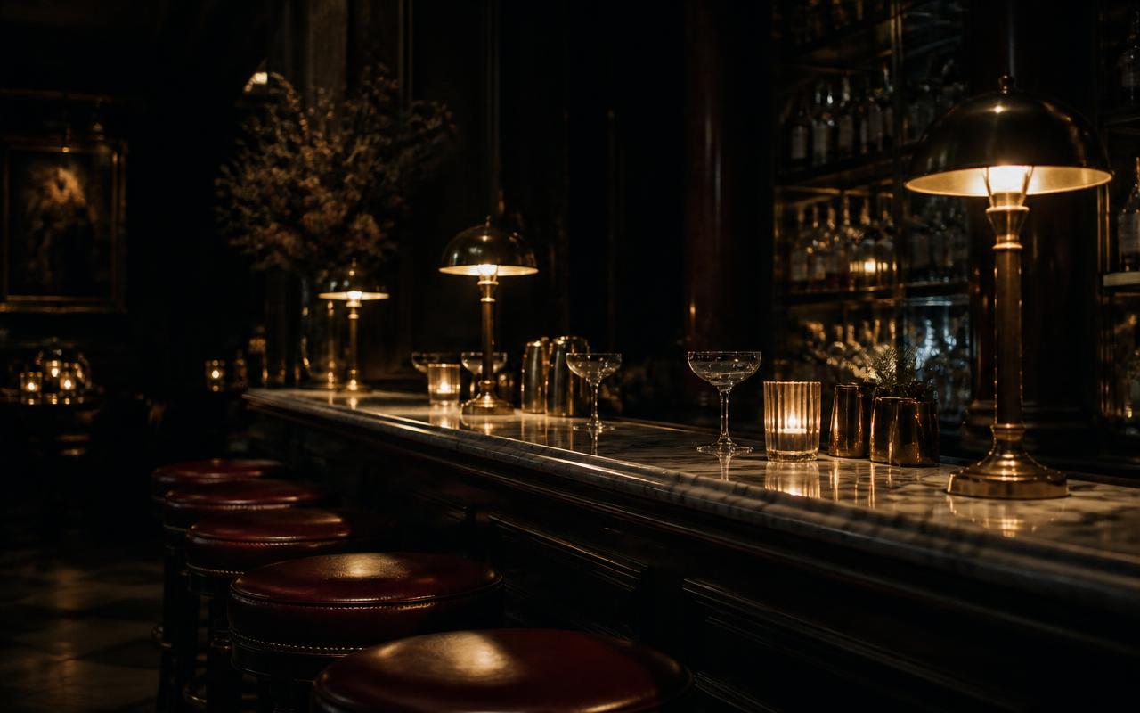 Marble hotel bar with brass lamps and oxblood leather stools