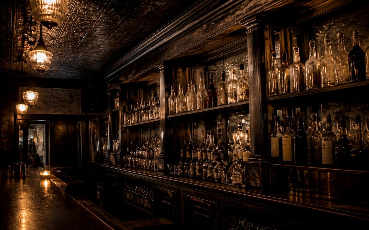 Worn back bar and tin ceiling of a Prohibition-era saloon