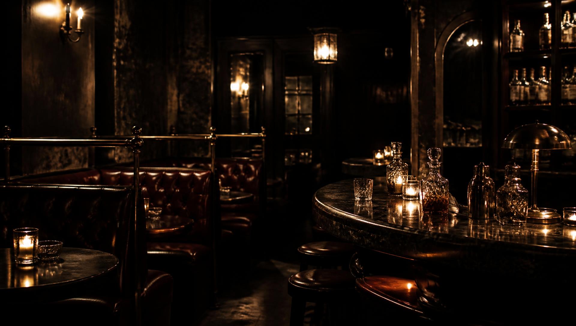Candlelit speakeasy interior with oxblood leather booths and brass rails