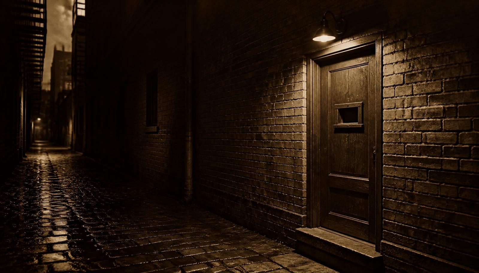 Unmarked wooden door with a sliding peephole in a dim brick alley
